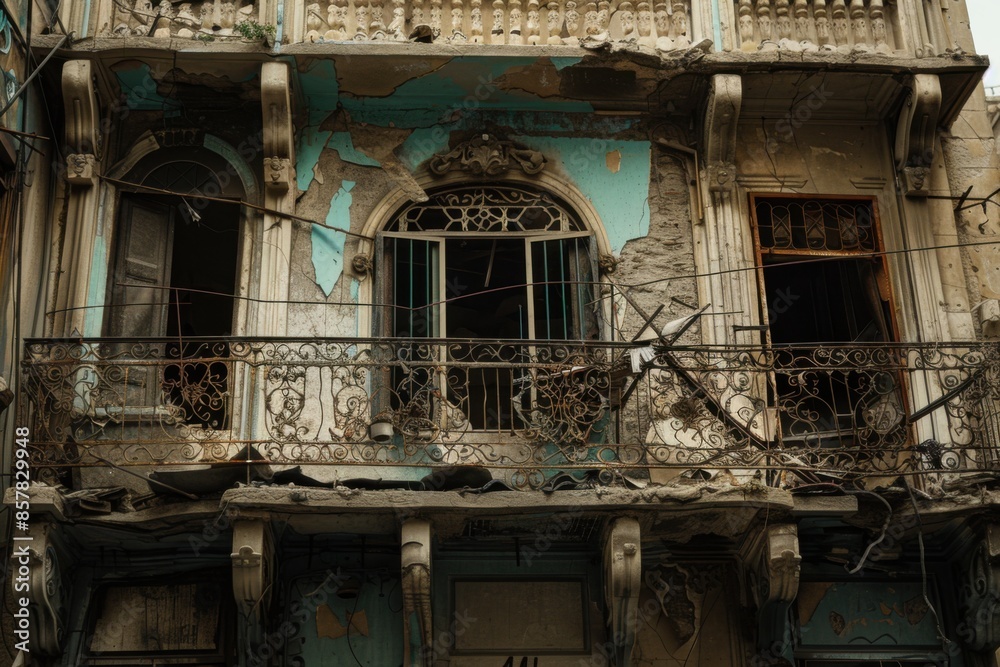 Close-up of an old abandoned building with a damaged facade, broken windows, and a deteriorated balcony. Close-up of an old abandoned building with a damaged facade, broken windows, and a deteriorated balcony.
