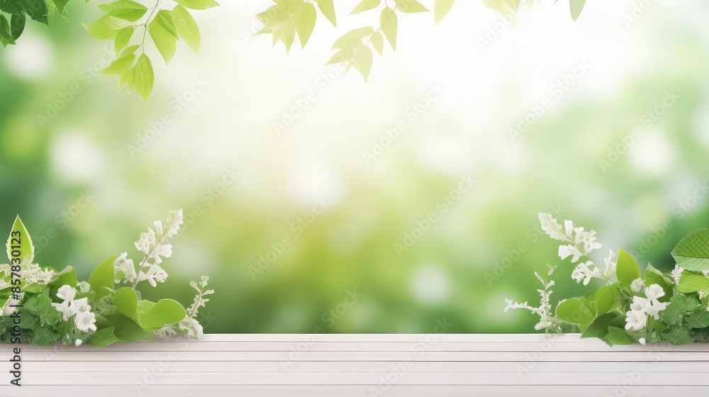 Obraz premium white wooden table top with spring green leafs as frame and free space for text.