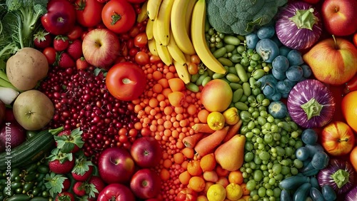 Healthy food concept. Top view fresh organic fruits and vegetables. Balanced diet food background. Healthy eating. Horizontal video healthy foods. Colorful bunch of fresh vegetables and fruits. 4k