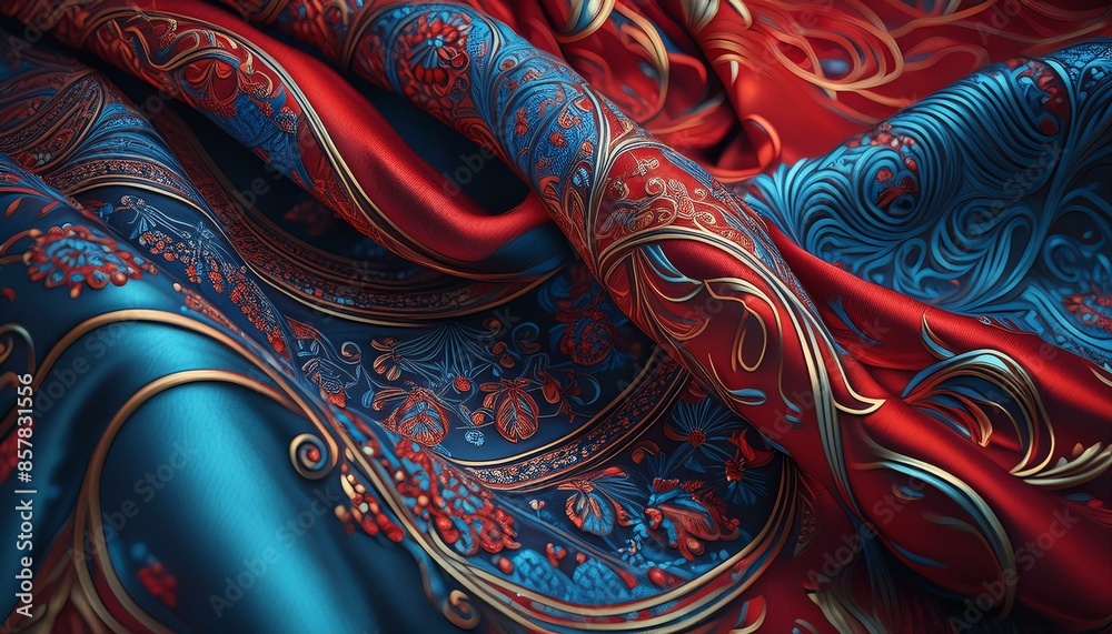 Vibrant Red and Blue Fabric with Intricate Patterns