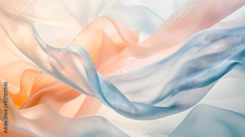 4. Produce an artistic depiction of soft, fluid shapes in harmonious gradients of peach and sky blue, set against a serene white surface.