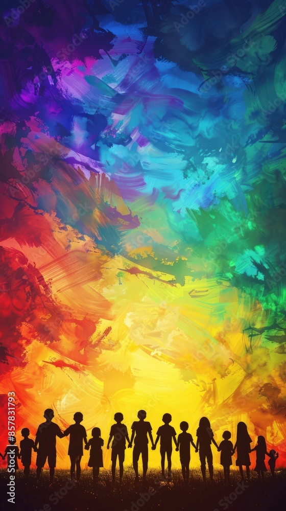 A colorful painting of a group of people holding hands. The painting is full of vibrant colors and has a sense of unity and togetherness A colorful painting of a group of people holding hands. The painting is full of vibrant colors and has a sense of unity and togetherness