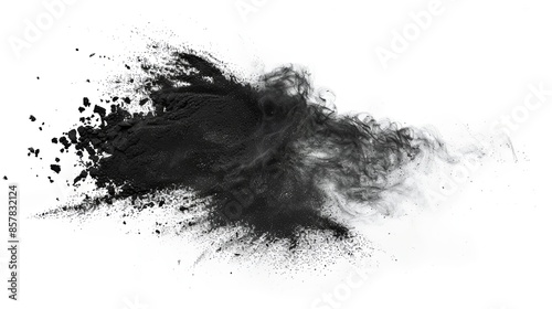 Black powder explosion isolated on white background. Abstract black dust cloud texture.