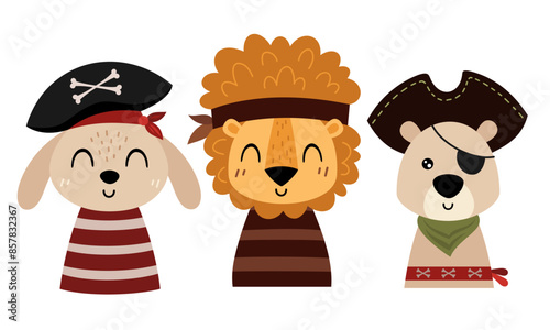 Pirate clipart. Pirate animal faces clipart. Pirate animal head clip art in cartoon flat style. Hand drawn vector illustration.