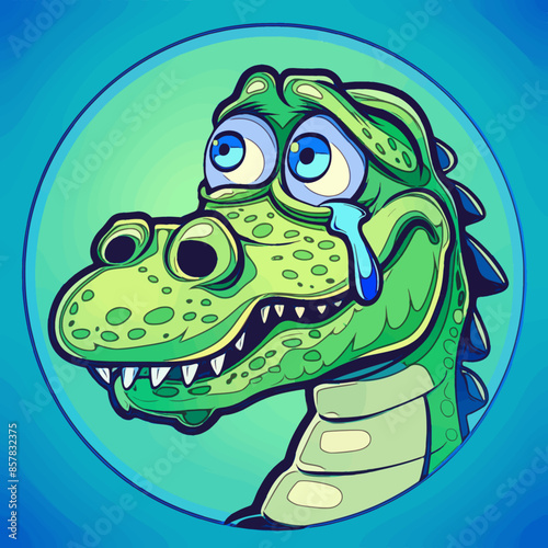 An illustration depicting a crocodile with large, teary eyes, symbolizing "crocodile tears" or fake remorse, showcasing insincere emotions and false regret with a humorous touch.