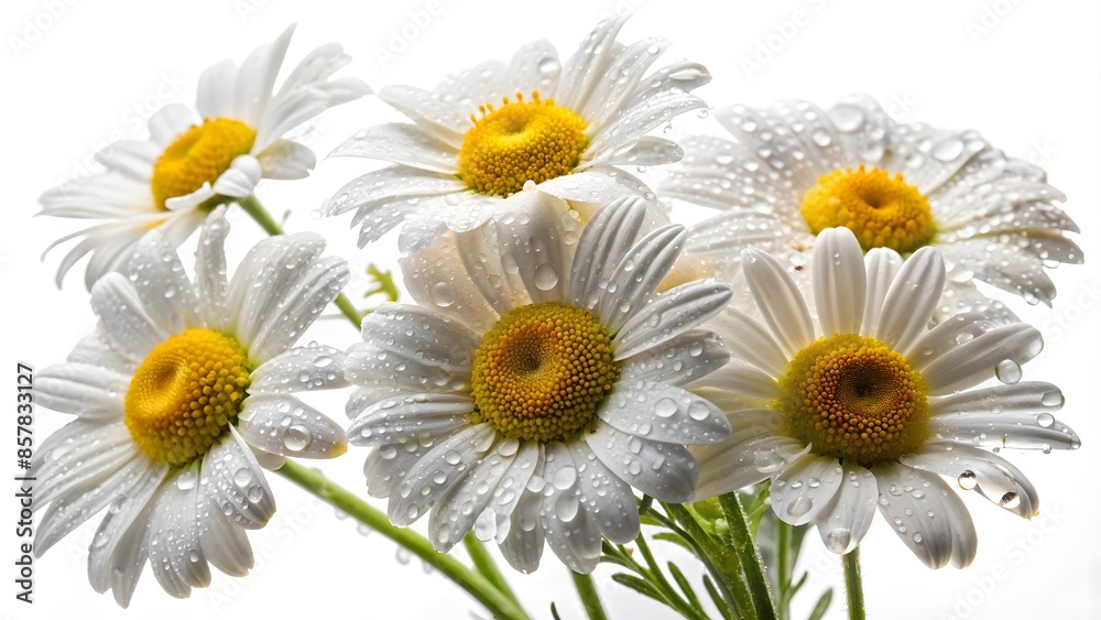 Obraz premium Delicate And Detailed Macro Image Of A Bouquet Of White Daisies With Yellow Centers Against A White Background.