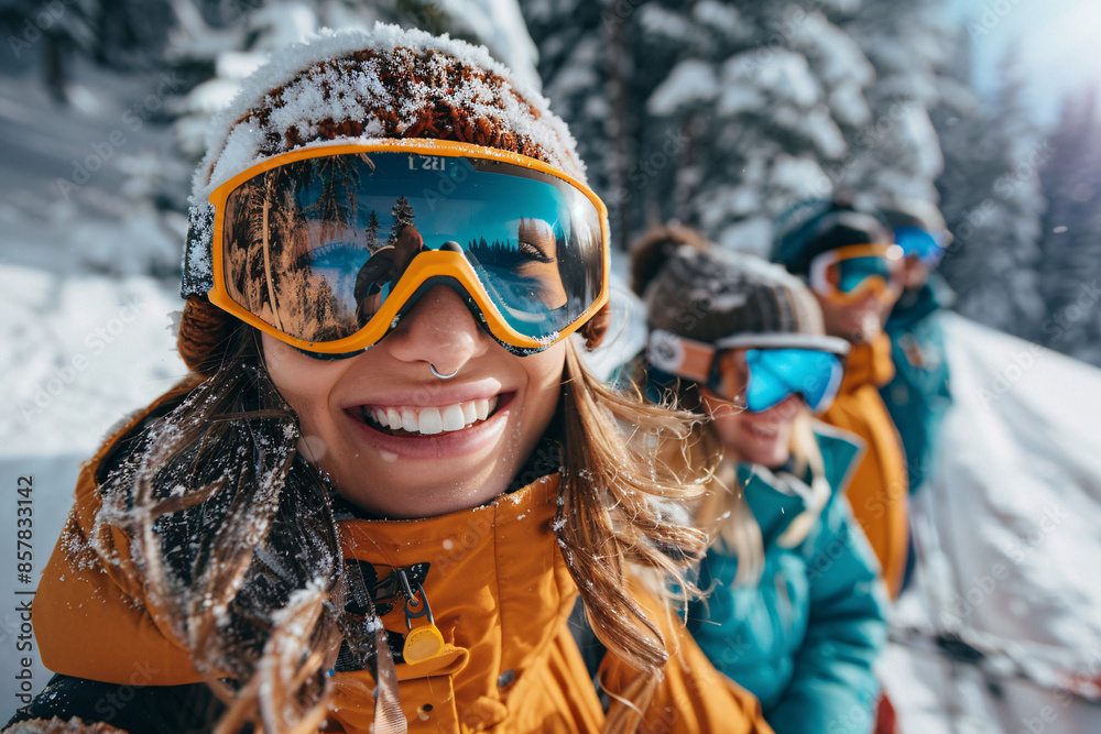 A group of happy friends with ski goggles in a ski resort on a beautiful winter sunny day. A group of happy friends with ski goggles in a ski resort on a beautiful winter sunny day.
