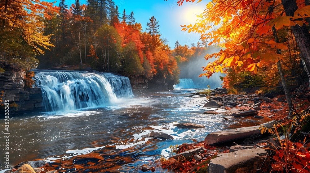 Overlooking the falls Horseshoe Falls in a sunny day in autumn foliage season