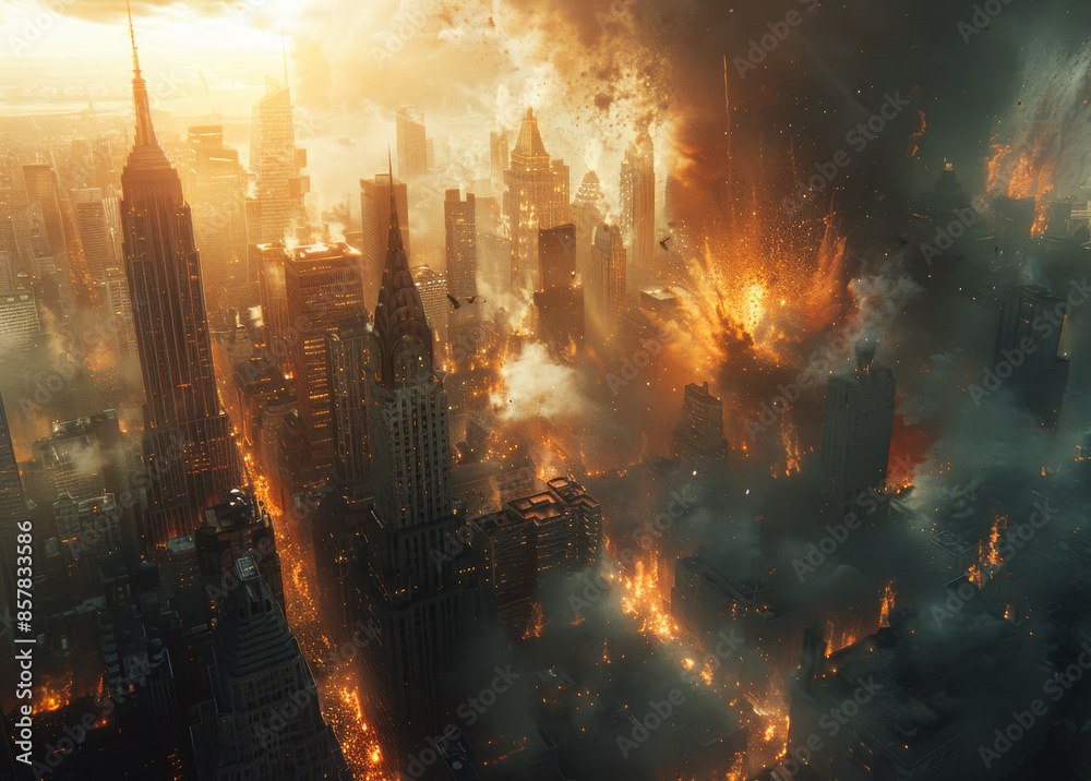 Obraz premium A city is on fire with a large building in the middle. The sky is filled with smoke and the city is in chaos