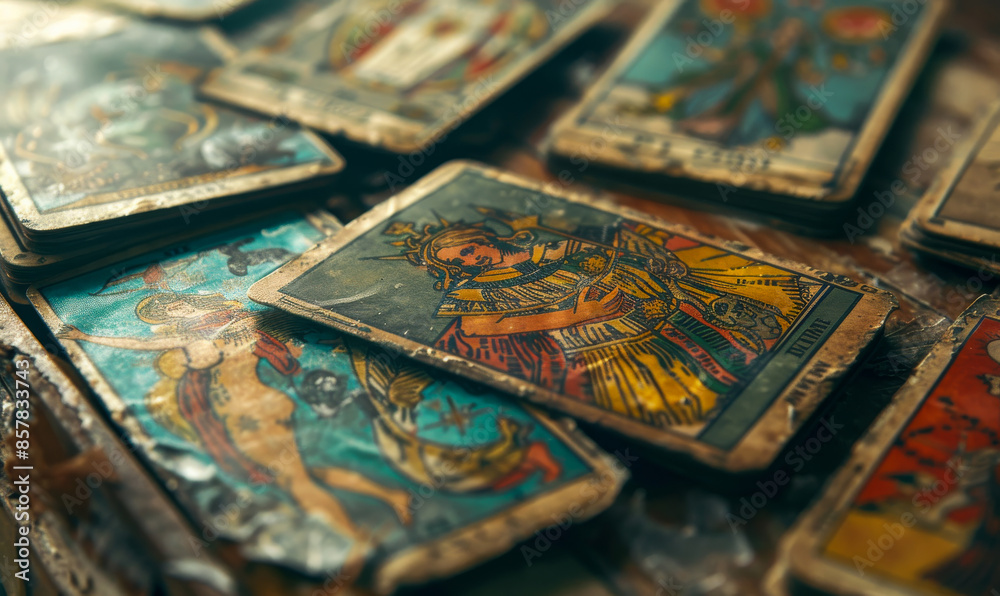 A deck of tarot cards is spread out on a table. The cards are old and worn, with some of them having faded colors. The cards are arranged in a way that they are overlapping each other A deck of tarot cards is spread out on a table. The cards are old and worn, with some of them having faded colors. The cards are arranged in a way that they are overlapping each other