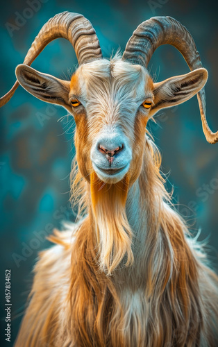 A goat with long horns and a long beard is staring at the camera. The goat's eyes are yellow, and it has a white nose © Vadim