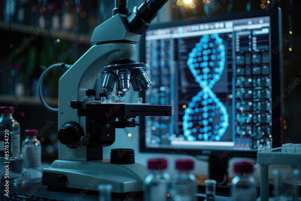 Microscope in Laboratory Setting with DNA Sequence on Computer Screen. Microscope in Laboratory Setting with DNA Sequence on Computer Screen.