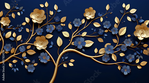 Elegant gold and royal blue floral tree with seamless