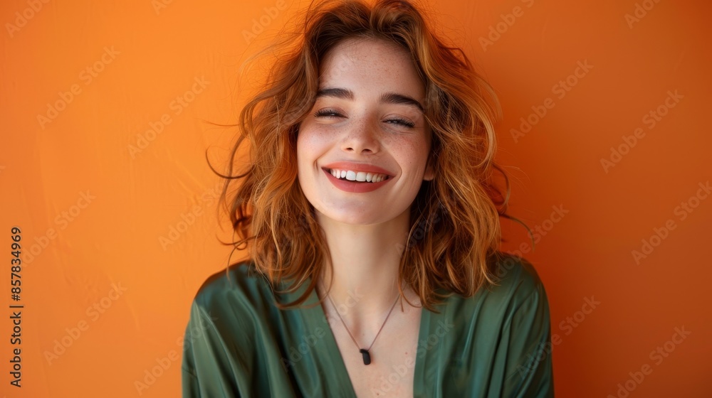 Joyful Woman in Green Jumpsuit Laughing Against Vibrant Orange Background - Close-up Half Body Portrait Joyful Woman in Green Jumpsuit Laughing Against Vibrant Orange Background - Close-up Half Body Portrait