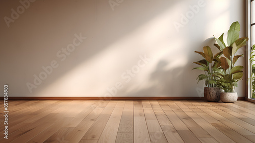 empty room of modern contemporary loft with plants on wooden floor 