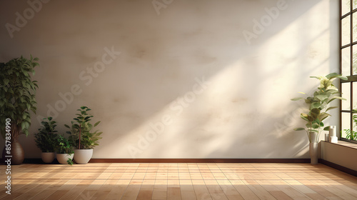 empty room of modern contemporary loft with plants on wooden floor 