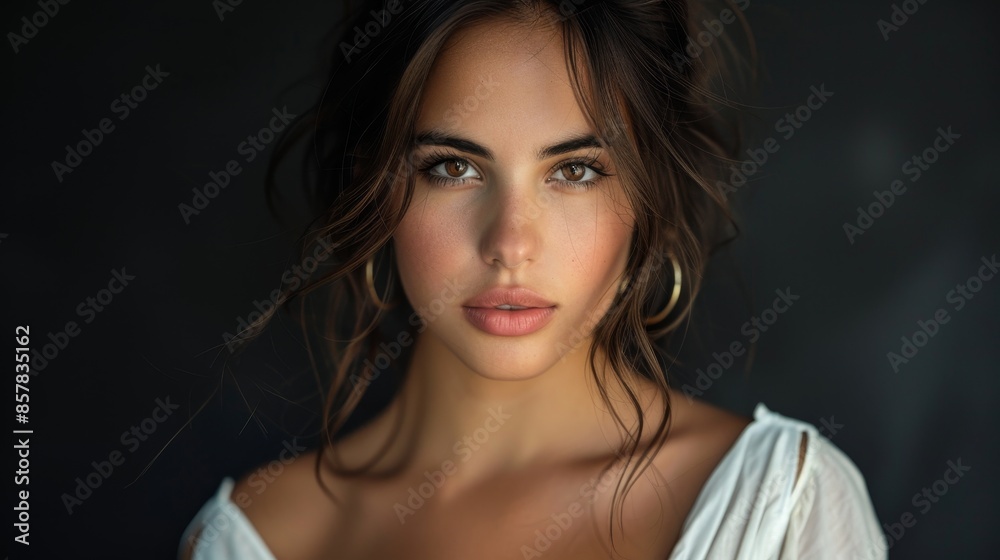 Elegant Confidence - Close-up of Beautiful Woman in White Jumpsuit Against Black Background Elegant Confidence - Close-up of Beautiful Woman in White Jumpsuit Against Black Background