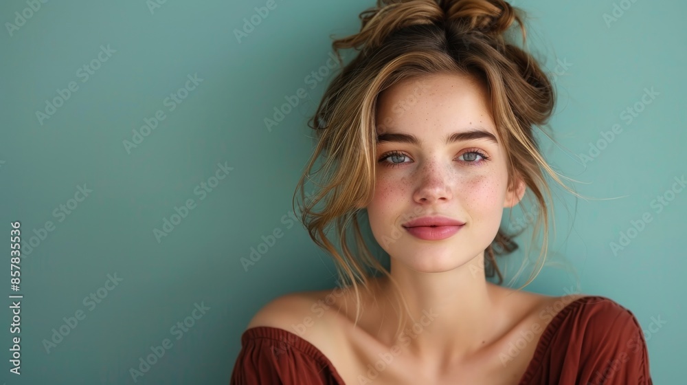 Playful Beauty in Maroon Jumpsuit: Close-up Portrait of Beautiful Woman with Expressive Face on Mint Green Background Playful Beauty in Maroon Jumpsuit: Close-up Portrait of Beautiful Woman with Expressive Face on Mint Green Background