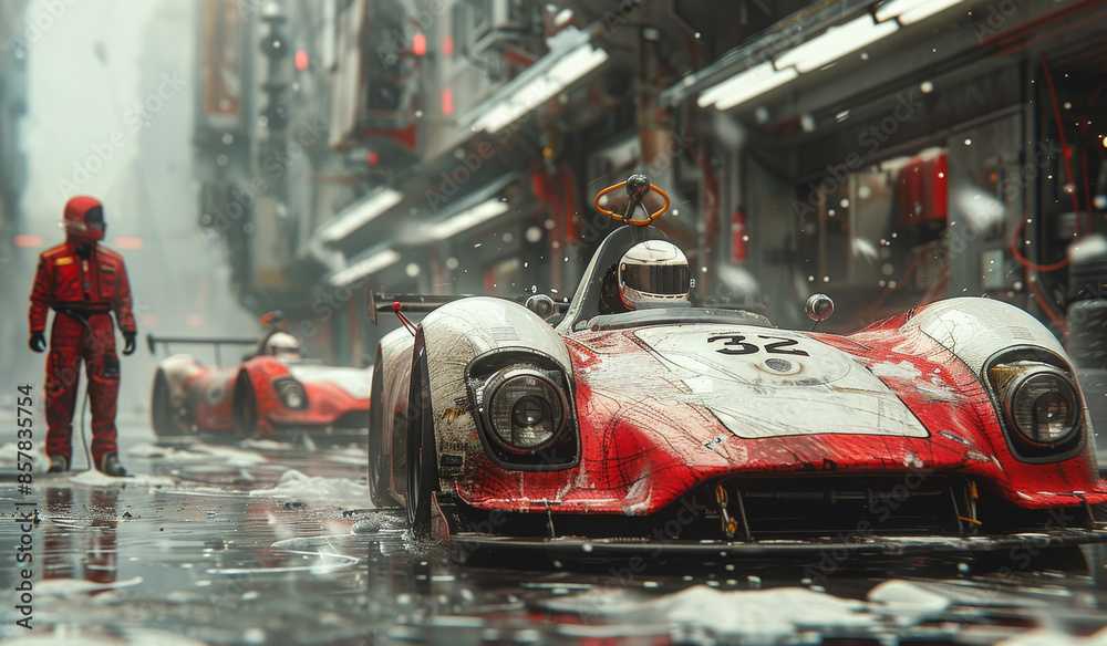 Obraz premium A man in a red suit stands next to a red and white race car. The car is parked in a parking lot with other cars. The scene is set in a city with a snowy background