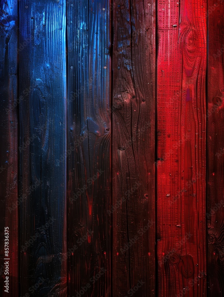 Wooden planks with blue and red gradient lighting, creating a vibrant rustic background. Suitable for artistic and vintage-themed projects. Wooden planks with blue and red gradient lighting, creating a vibrant rustic background. Suitable for artistic and vintage-themed projects.
