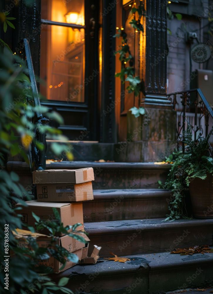 A stack of cardboard boxes is on the steps of a building. The boxes are brown and appear to be empty. The scene is set in the evening