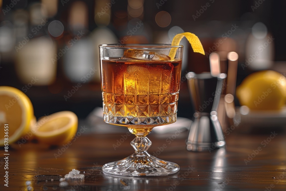 A classic sazerac cocktail in an absinthe-rinsed glass, with rye whiskey, sugar, and Peychaud's bitters, garnished with a lemon twist. A classic sazerac cocktail in an absinthe-rinsed glass, with rye whiskey, sugar, and Peychaud's bitters, garnished with a lemon twist.