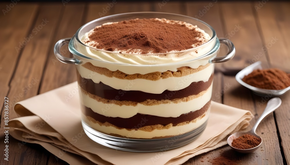 Tiramisu served in a dessert glass and a beige plate Tiramisu served in a dessert glass and a beige plate