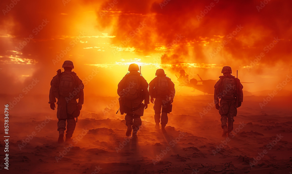 Four soldiers are walking through a desert, with the sun setting in the background. The scene is intense and dramatic, with the soldiers' silhouettes against the orange sky Four soldiers are walking through a desert, with the sun setting in the background. The scene is intense and dramatic, with the soldiers' silhouettes against the orange sky