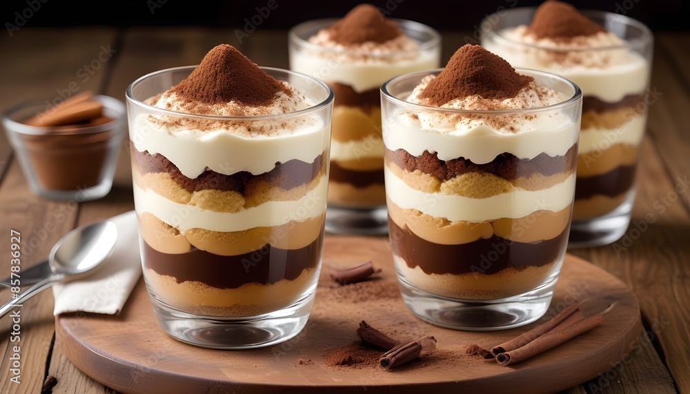 Tiramisu served in dessert cups set on a wooden counter Tiramisu served in dessert cups set on a wooden counter