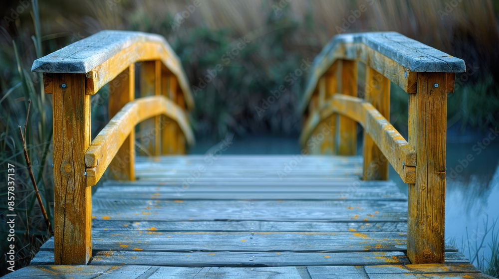 Fototapeta premium Rustic wooden bridge with a symmetrical design, captured at dawn with foggy surroundings. Ideal for nature and travel-related uses.