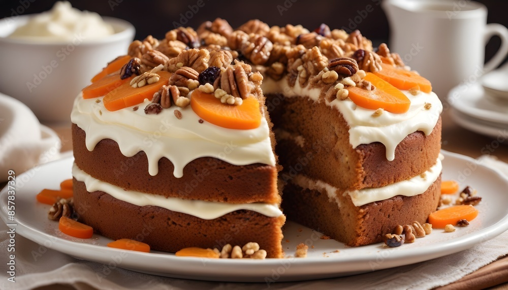 Carrot cake with vanilla filling, vanilla icing and crushed nuts and blueberries Carrot cake with vanilla filling, vanilla icing and crushed nuts and blueberries