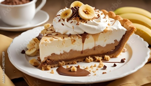 Banana tart with whipped cream and banana pieces topped with chocolate icing on a white plate and light background