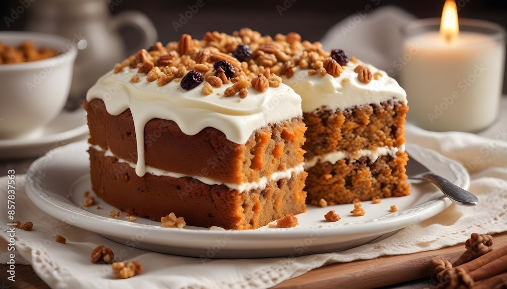 Carrot cake with vanilla filling, vanilla icing and crushed nuts and blueberries Carrot cake with vanilla filling, vanilla icing and crushed nuts and blueberries