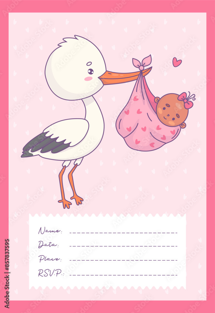 Baby shower card. Cute stork and baby black ethnic girl arrival. Vector illustration. Cool vertical postcard with copy space. Kids collection Baby shower card. Cute stork and baby black ethnic girl arrival. Vector illustration. Cool vertical postcard with copy space. Kids collection
