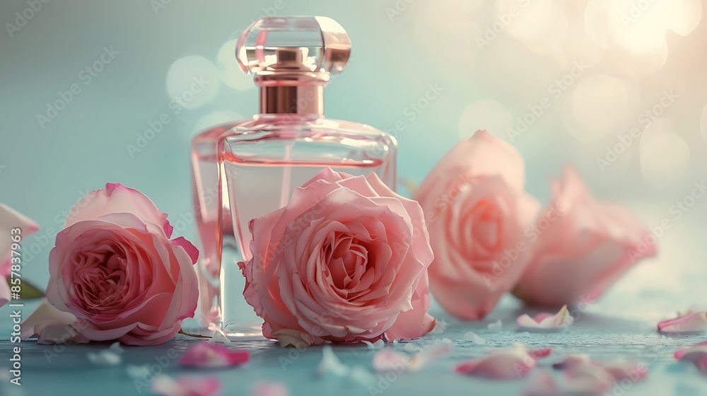 Perfume bottle and rose flowers on a light background close up Perfume bottle and rose flowers on a light background close up