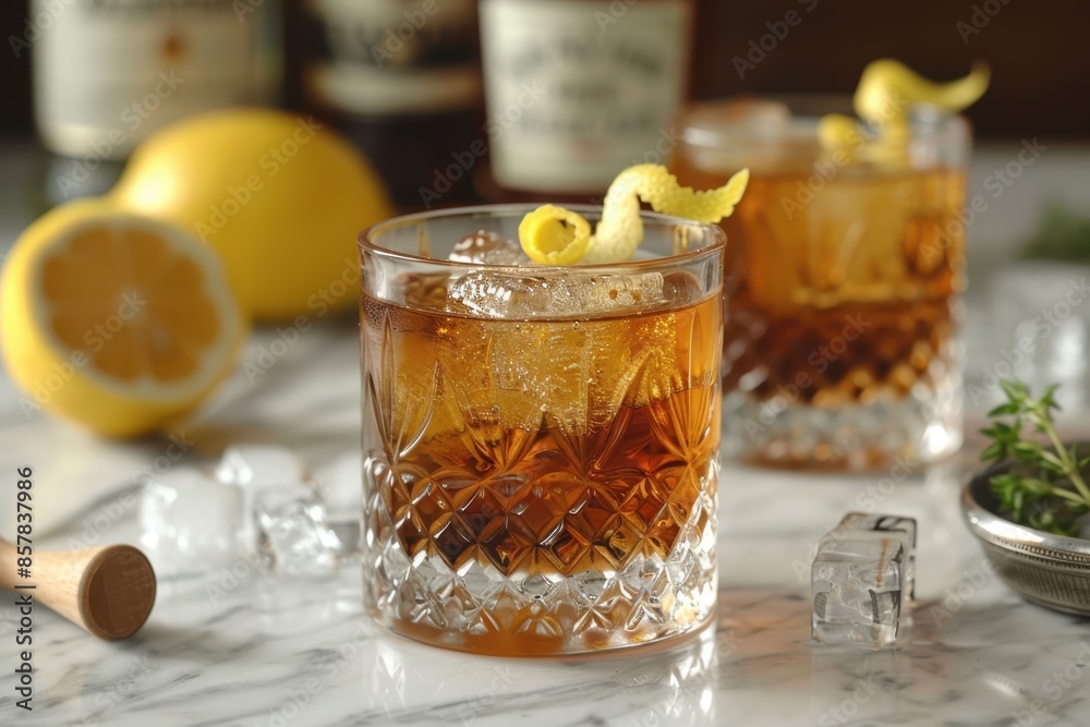 A classic sazerac cocktail in an absinthe-rinsed glass, with rye whiskey, sugar, and Peychaud's bitters, garnished with a lemon twist. A classic sazerac cocktail in an absinthe-rinsed glass, with rye whiskey, sugar, and Peychaud's bitters, garnished with a lemon twist.