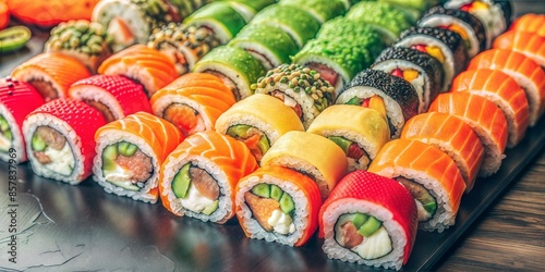 Colorful assortment of sushi rolls with salmon, tuna, avocado, cucumber and caviar.