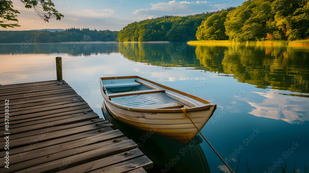 Peaceful lake scene with wooden pier and rowboat Peaceful lake scene with wooden pier and rowboat