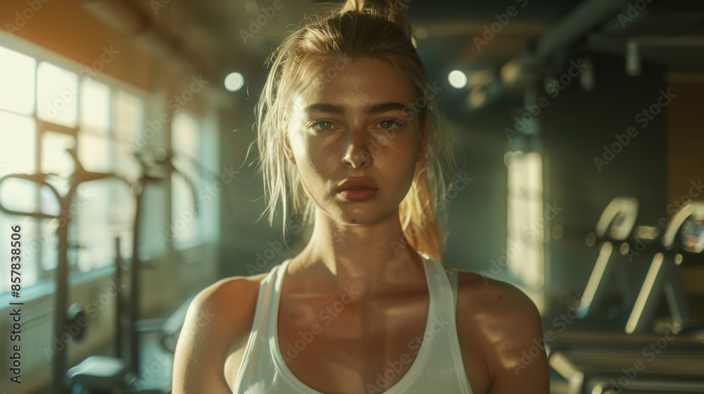 A woman is standing in a gym with her hair in a ponytail. She is wearing a white tank top and has a serious expression on her face A woman is standing in a gym with her hair in a ponytail. She is wearing a white tank top and has a serious expression on her face