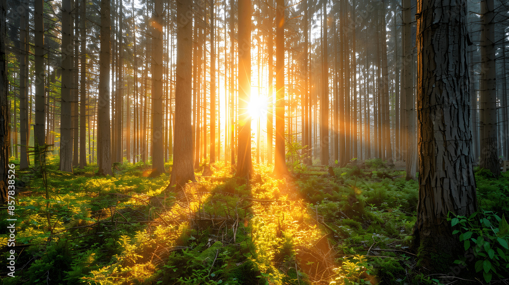 Fototapeta premium Sunrise over forest with sunlight filtering through trees
