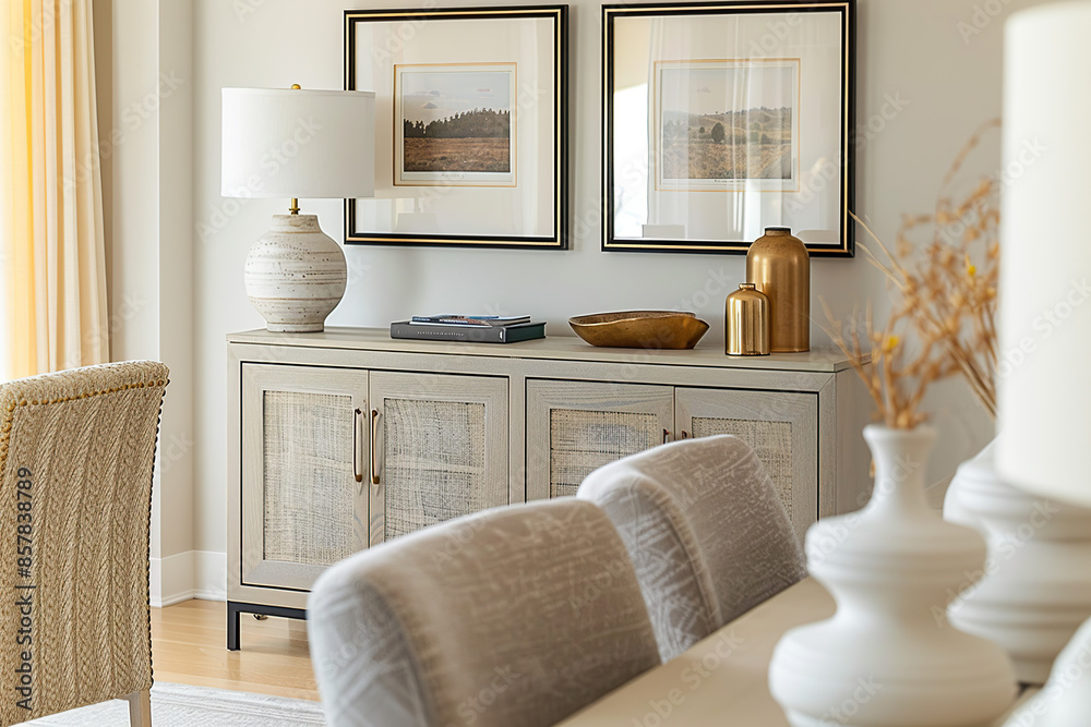 Fototapeta premium A close-up shot of the dining room sideboard, showcasing its elegant design and neutral color palette. The sideboards feature two frames on top, adding depth to the space. In front is an armchair.
