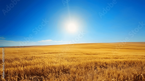 Wheat field under clear blue sky with warm sun glow