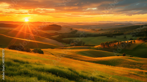 Sunset over rural landscape with rolling hills