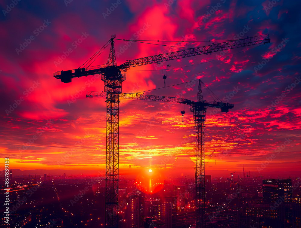 Fototapeta premium Two cranes are silhouetted against a beautiful sunset. The sky is a mix of pink and orange hues, creating a serene and peaceful atmosphere.
