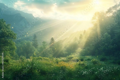 Transfiguration Day: A serene mountain landscape with a radiant, golden light shining down from the heavens, symbolizing the divine glory of Jesus' transfiguration.