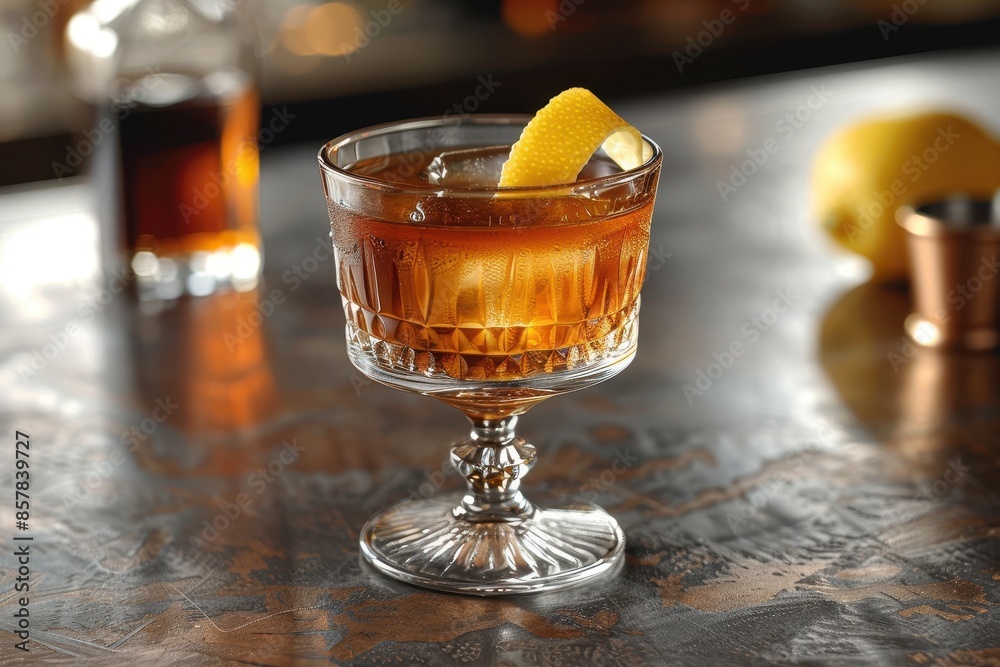 A classic sazerac cocktail in an absinthe-rinsed glass, with rye whiskey, sugar, and Peychaud's bitters, garnished with a lemon twist.