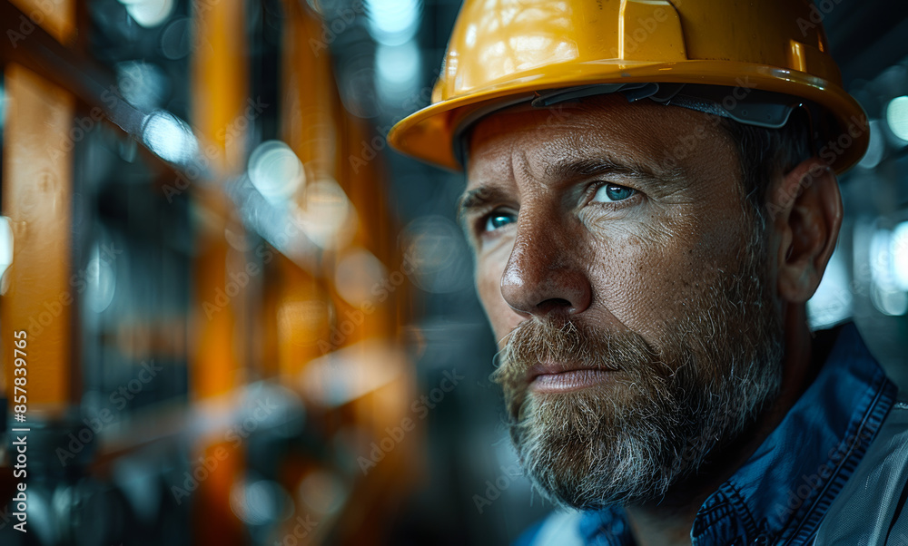 A man with a yellow hard hat is looking at the camera. He has a beard and is wearing a blue shirt