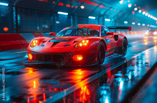 A red sports car is driving down a wet road. The car is surrounded by bright lights, creating a sense of excitement and energy. The image captures the thrill of racing