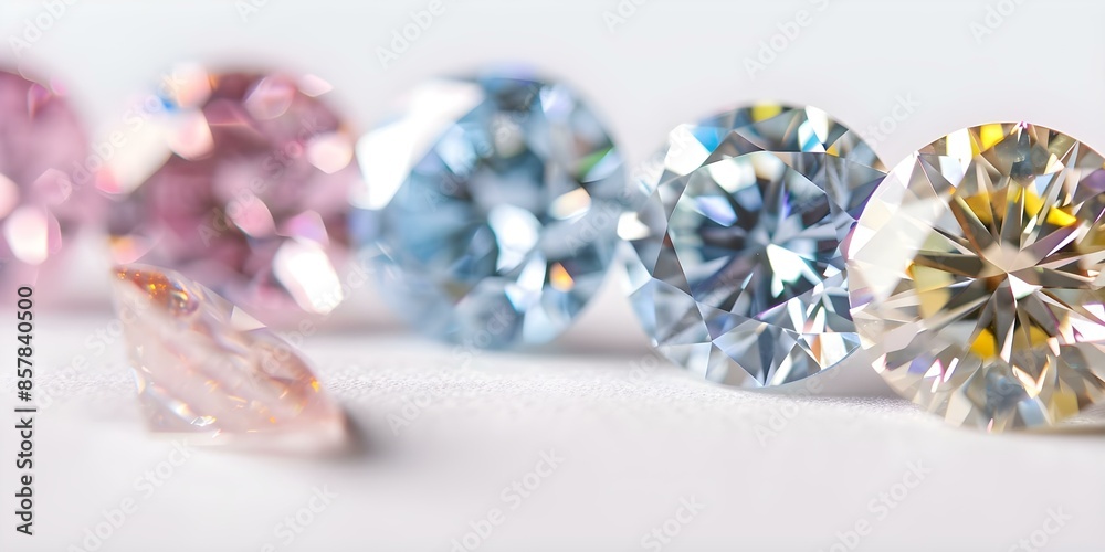 Round cut diamonds in pink blue and yellow viewed on white background. Concept Jewelry Photography, Diamond Cuts, Color Variation, White Background, Precious Stones Round cut diamonds in pink blue and yellow viewed on white background. Concept Jewelry Photography, Diamond Cuts, Color Variation, White Background, Precious Stones