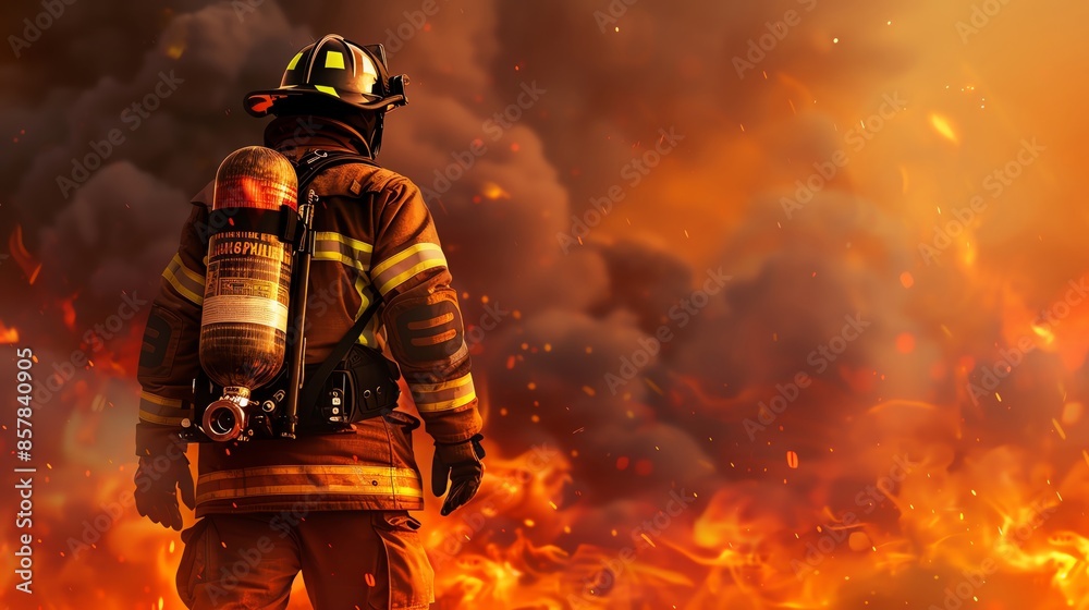 Fototapeta premium A fire fighter standing in the middle of swirling smoke and flames, back view, in a digital art style, in the style of illustration painting.